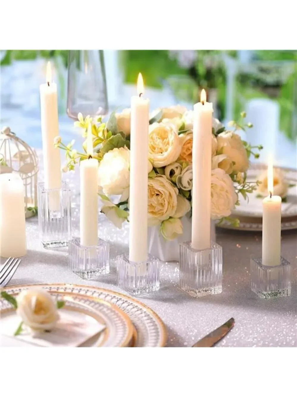 Clear Glass Taper Candle Holders Set of 12 Vertical Stripe Candlestick Centerpie